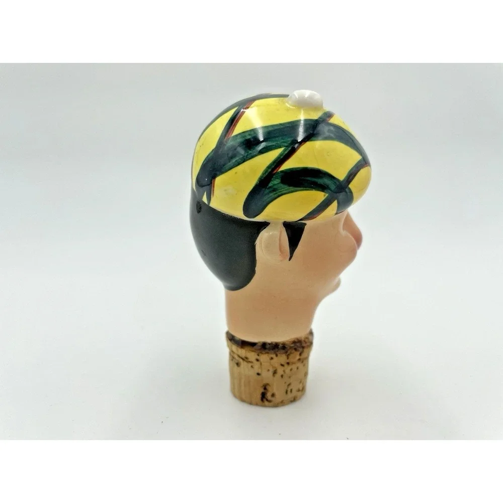 Vintage Man w/Yellow Golf Hat Ceramic Cork Liquor Bottle Stopper‎ Wine Pourer